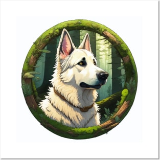 White German Shepherd Dog In A Mossy Forest Posters and Art